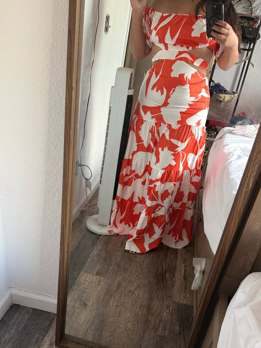 Off-Shoulder Orange and White Floral Maxi Dress Womens Medium